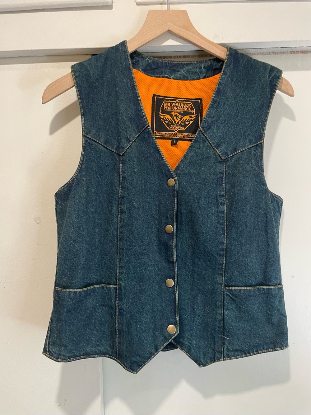Milwaukee Performance Denim Vest in Dark Blue with Orange Lining